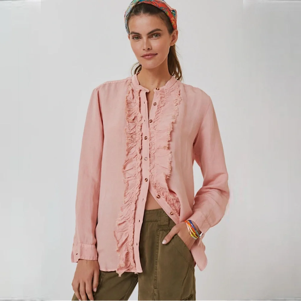 Anthropologie Pilcro linen blend Ruffled Placket Shirt peach - Picture 5 of 13